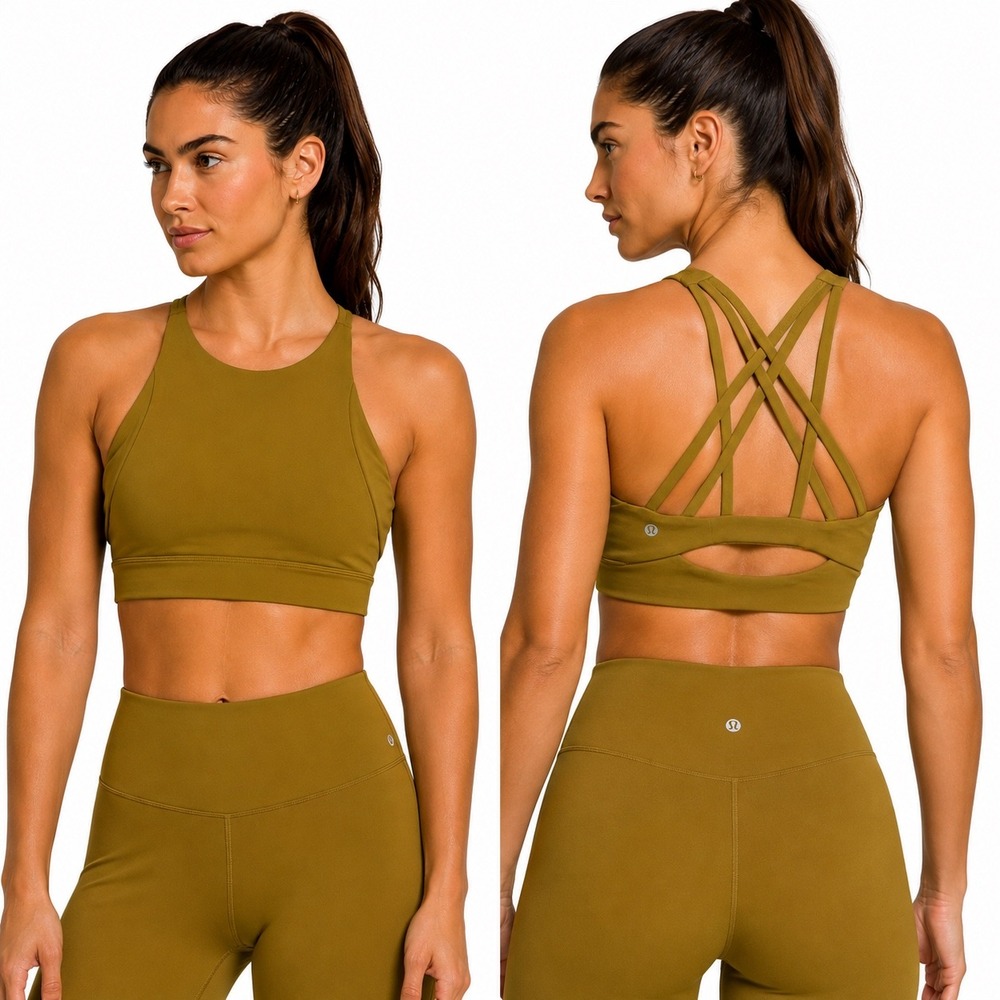 Lululemon Free To Be Serene Bra High Neck Longline Olive Gold‎ Size 6 LW2DDPS
